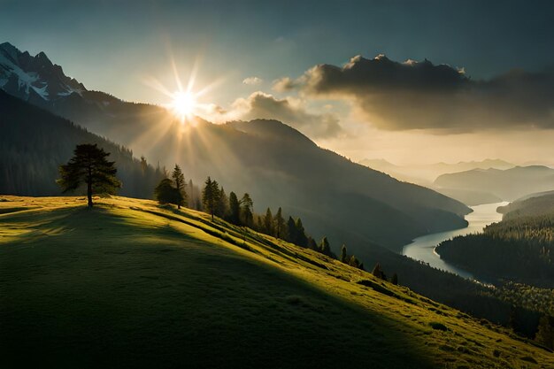 the sun sets over a mountain valley.