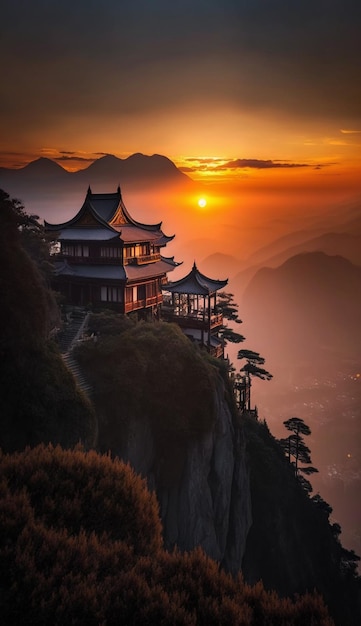 The sun sets over a mountain with a temple in the foreground