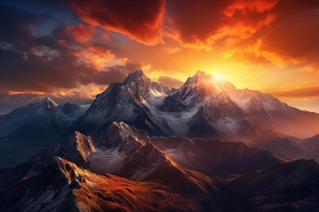 the sun sets over the mountains