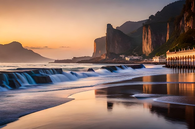 the sun sets over the ocean and the cliffs.