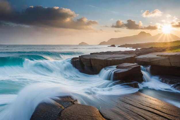 The sun sets over the ocean and the rocks