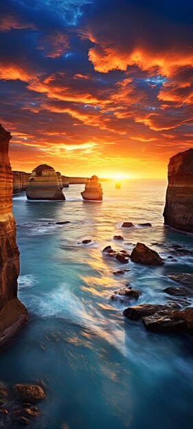 Photo the sun sets over the ocean with the rocks in the foreground