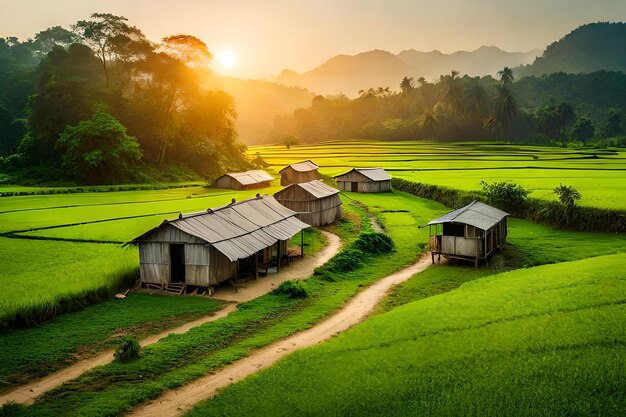 the sun sets over a rice field