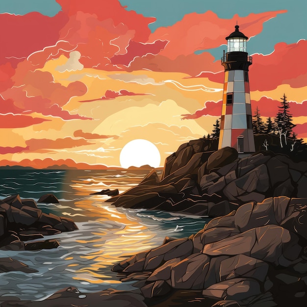 The sun sets behind a rocky shore lighthouse Generative AI