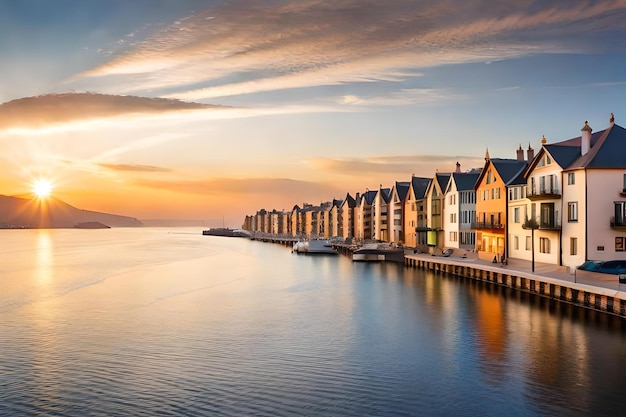 The sun sets over a row of houses on the water.