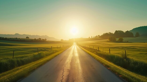 Photo the sun sets over a rural road