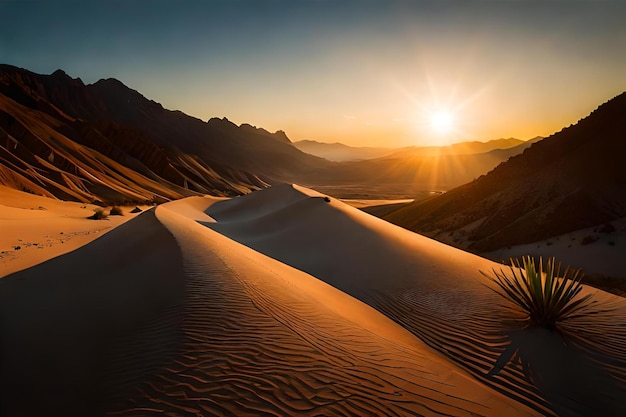 The sun sets over the sand dunes.