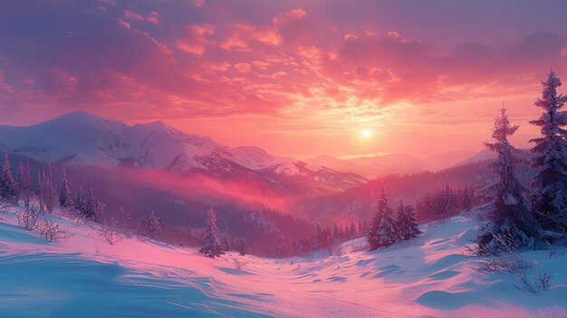 Photo the sun sets over a snowy mountain range