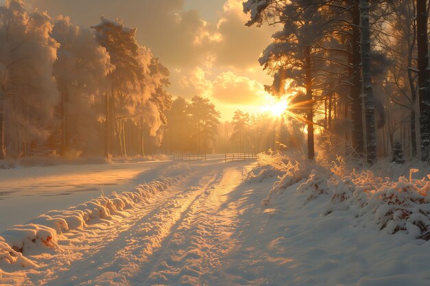 Закат солнца в снежных лесах