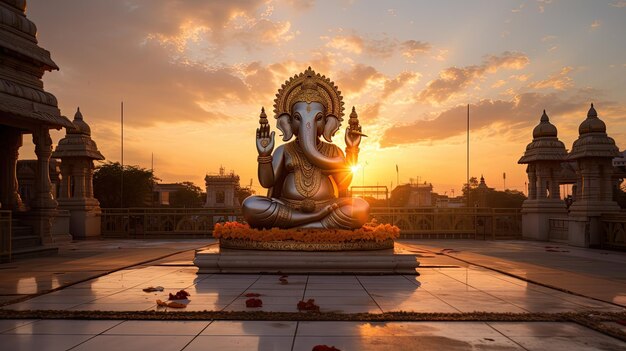 The sun sets over the temple of God Ganesha