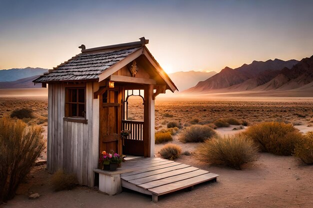 Photo the sun sets over a tiny cabin.