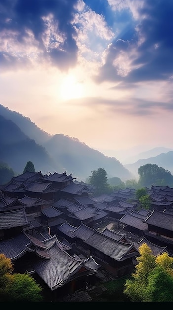 Photo the sun sets over a village in china.