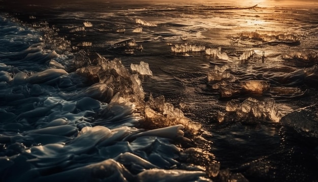 AIによって生成された波の砂と海岸線に沈む夕日