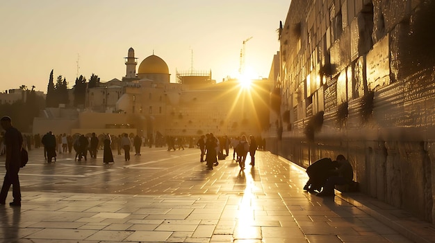 The sun sets over the Western Wall in Jerusalem casting a golden glow over the plaza and the people gathered there