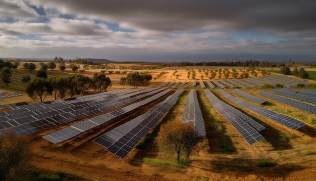 Photo sun sets on wind farm powering industry generated by ai