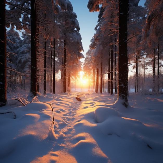 Sun sets over a winter forest casting a serene twilight