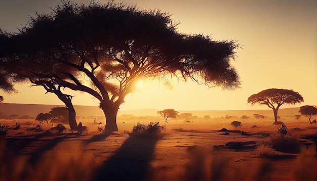 Sun setting behind Acacia tree in African savannah generative AI