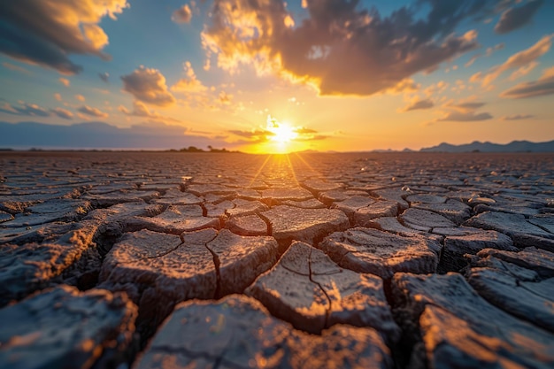 Foto il tramonto sopra l'arido sole, la terra deserta spaccata sotto un cielo drammatico, il concetto di cambiamento climatico e siccità.