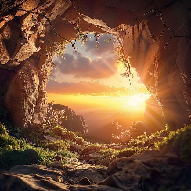 Photo a sun setting over a cave with a sun setting behind it