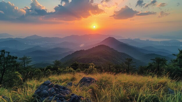 Sun Setting Over Clouds in Mountains