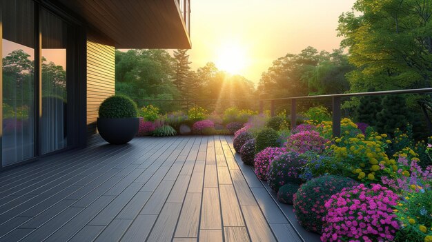 太陽が花で覆われたデッキの上に沈む