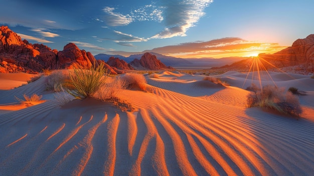 Photo sun setting over desert landscape