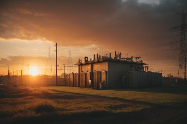 Photo sun setting over an electrical substation