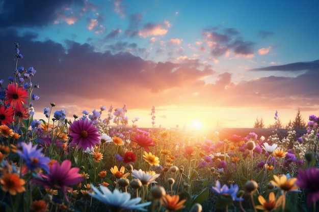 Sun setting behind a field of flowers