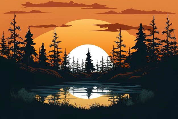 A sun setting behind a forest silhouette