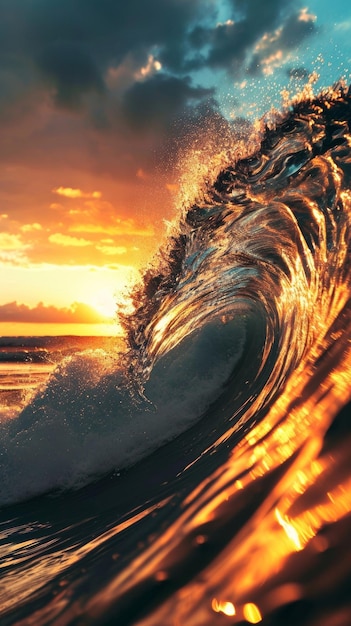 Sun Setting Behind Large Wave in Ocean