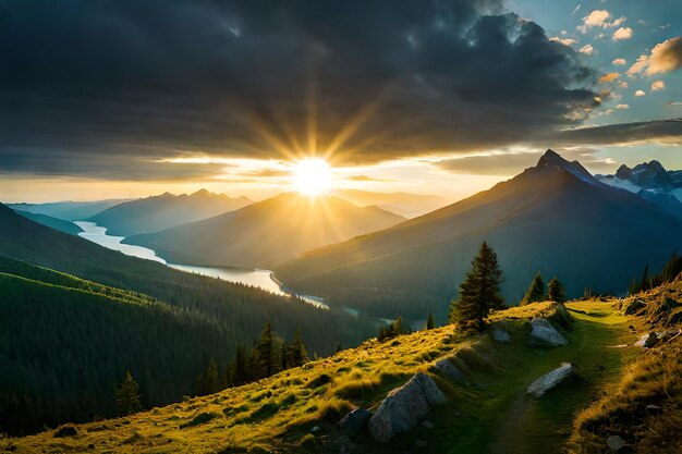 sun setting over a mountain valley