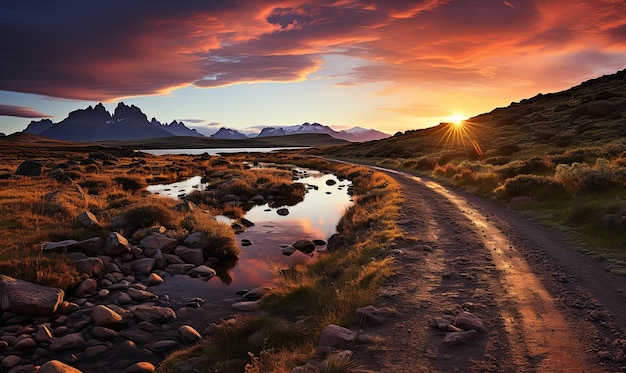 Sun Setting Over Mountains and River