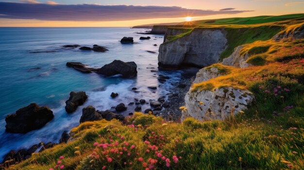 The sun setting over the ocean and cliffs