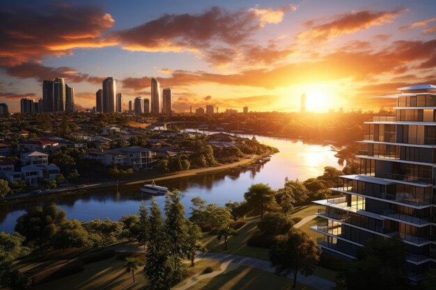 The sun setting over opulent residences in the suburb of Varsity Lakes on Australias Gold Coast