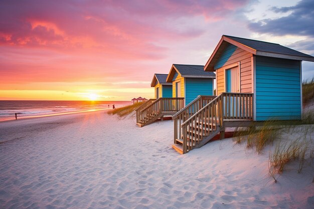 Sun setting behind a row of colorful beach huts