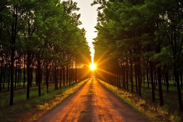 Photo sun setting behind a row of trees