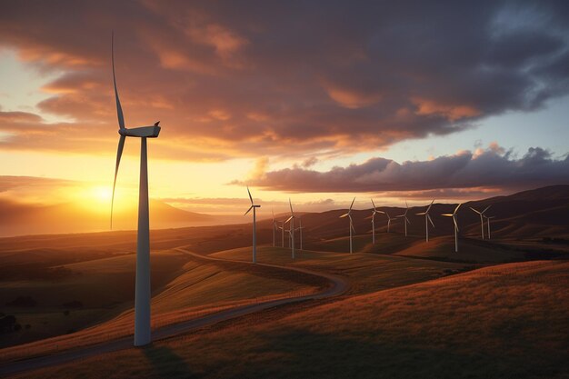 Sun setting behind a row of wind turbines in a field