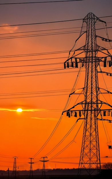 Sun setting behind the silhouette of electricity pylons