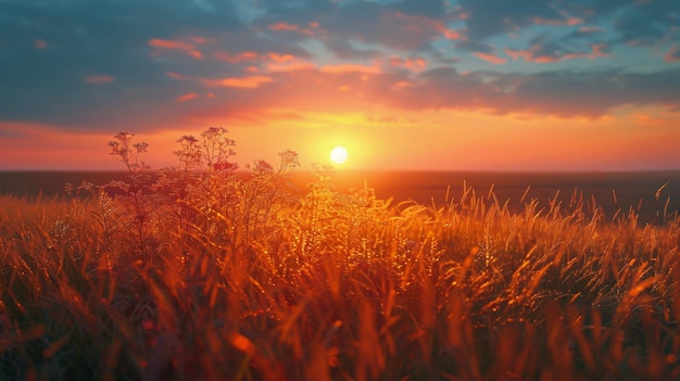 Sun Setting Over Tall Grass Field