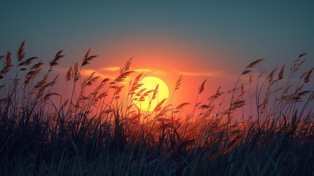 高い草原の上に日が沈む