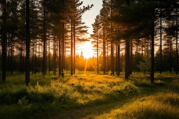 Photo sun setting behind tree line in the forest