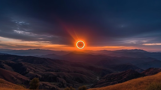 a sun setting over a valley