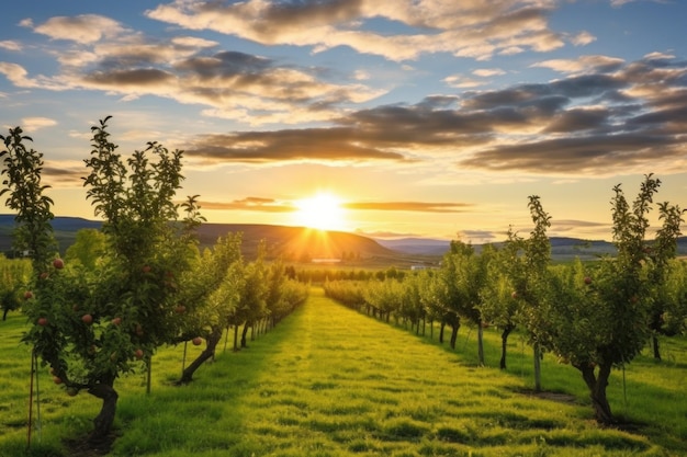 Sun setting over a vast apple orchard