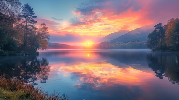 Photo sun setting over water with clouds in sky