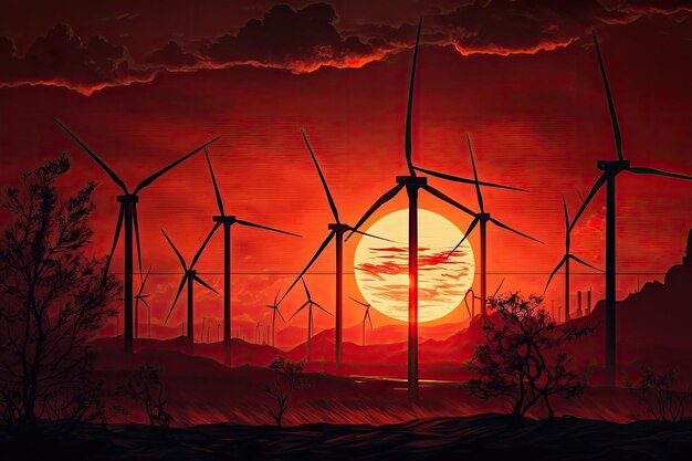 Sun setting over a wind farm with the turbines spinning in the background created with generative ai