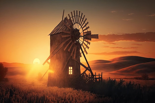 生成 AI で作成された平和な田園地帯の木造風車の後ろに沈む夕日