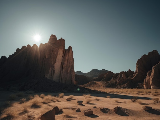 사막 풍경에 태양이 밝게 빛나고 있습니다.