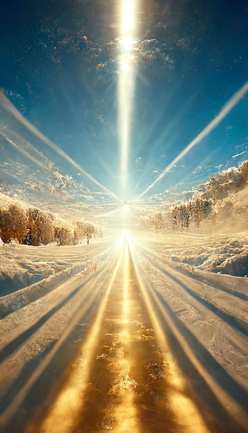 The sun shines brightly on a snowy road generative ai