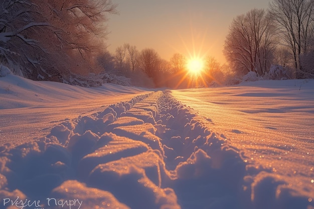 The sun shines on the snow in the woods