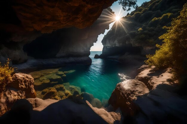 The sun shines through the cave